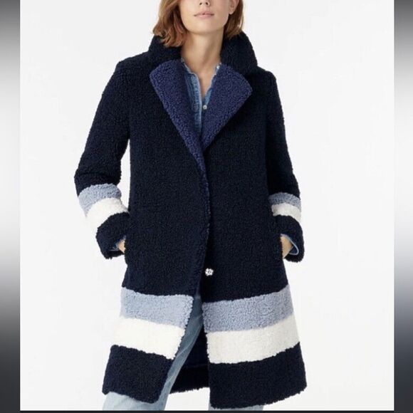 J. CREW Ariana Colorblock Sherpa Teddy Coat striped navy snap button XL AQ410 - Picture 2 of 11
